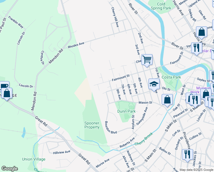map of restaurants, bars, coffee shops, grocery stores, and more near 418 9th Avenue in Woonsocket