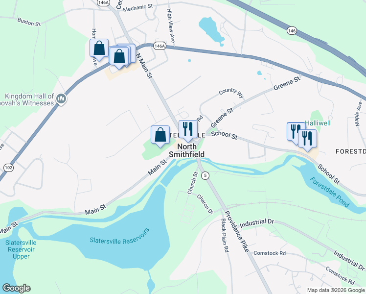 map of restaurants, bars, coffee shops, grocery stores, and more near in North Smithfield