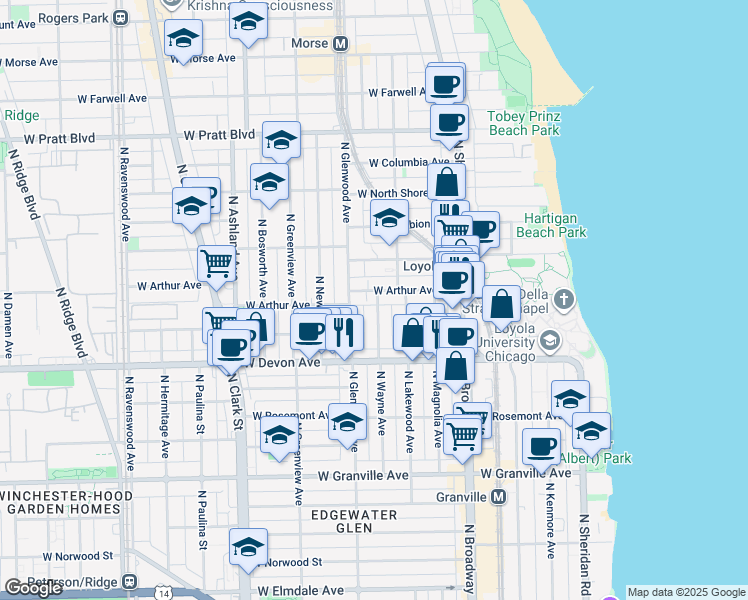 map of restaurants, bars, coffee shops, grocery stores, and more near 1335 West Arthur Avenue in Chicago