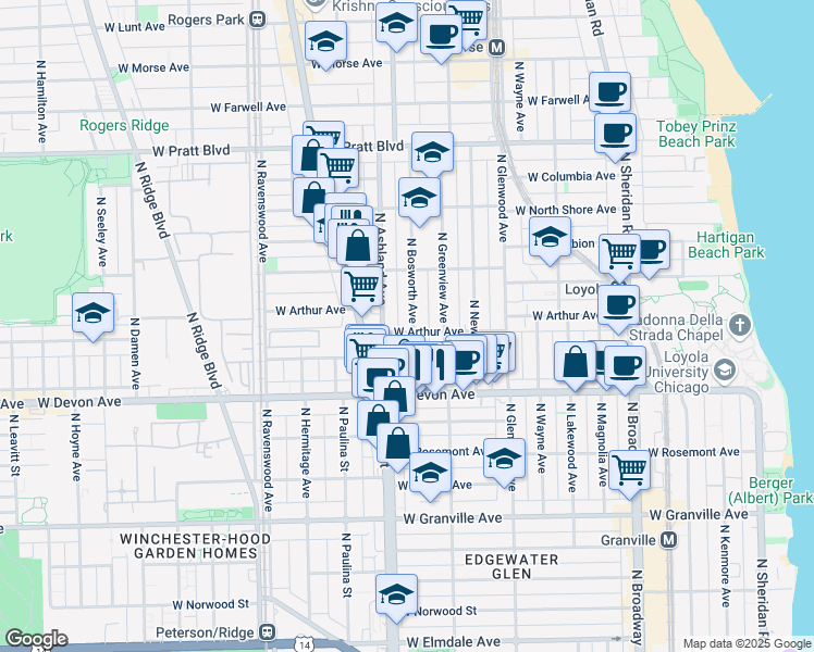 map of restaurants, bars, coffee shops, grocery stores, and more near 6503 North Bosworth Avenue in Chicago