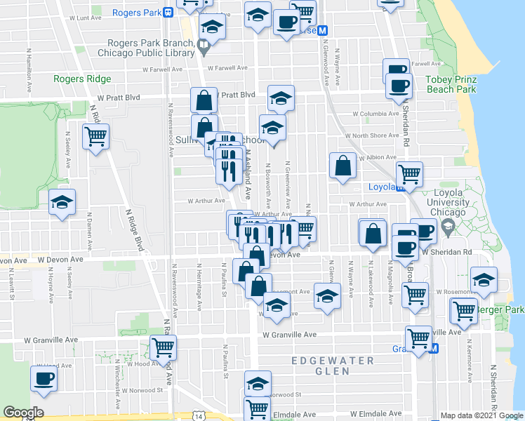 map of restaurants, bars, coffee shops, grocery stores, and more near in Chicago