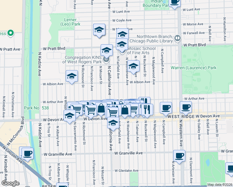 map of restaurants, bars, coffee shops, grocery stores, and more near 6520 North Fairfield Avenue in Chicago