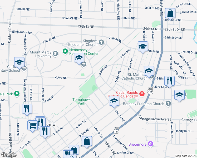 map of restaurants, bars, coffee shops, grocery stores, and more near 634 20th Street Northeast in Cedar Rapids
