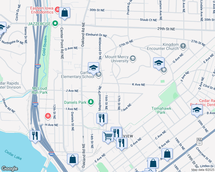 map of restaurants, bars, coffee shops, grocery stores, and more near 1601 K Avenue Northeast in Cedar Rapids