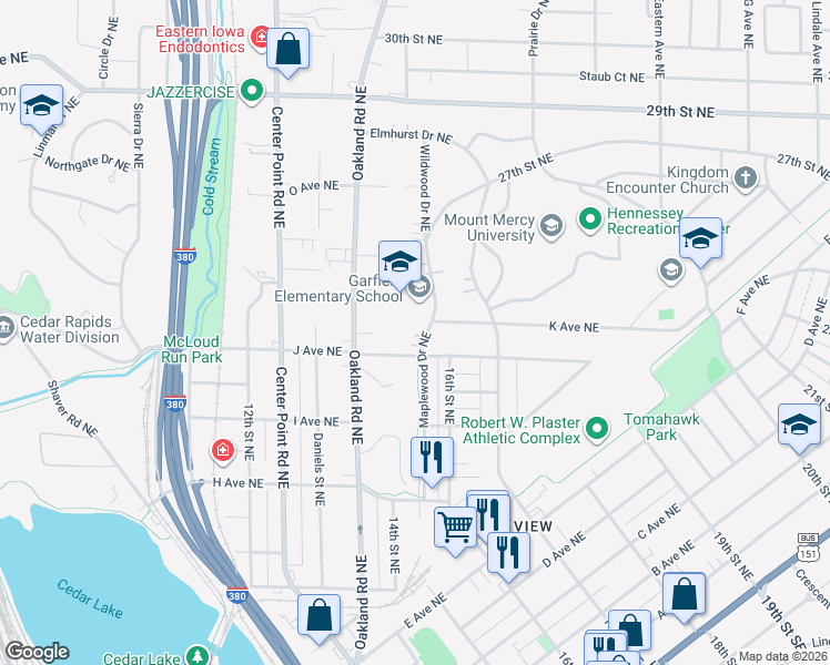 map of restaurants, bars, coffee shops, grocery stores, and more near 1115 Maplewood Drive Northeast in Cedar Rapids