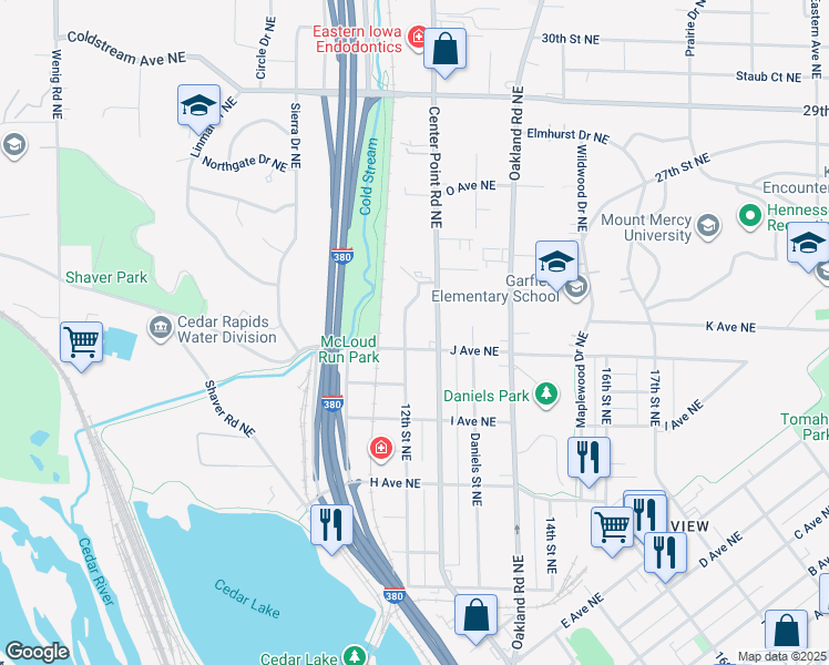 map of restaurants, bars, coffee shops, grocery stores, and more near 1106 12th Street Northeast in Cedar Rapids
