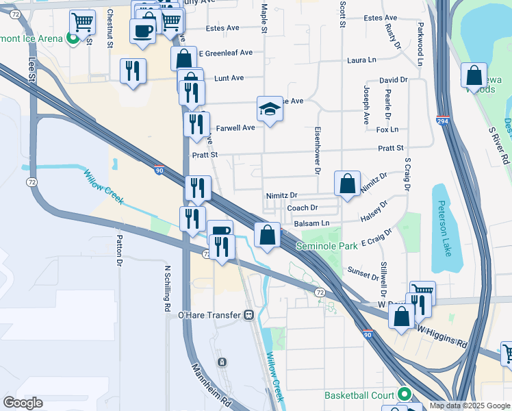 map of restaurants, bars, coffee shops, grocery stores, and more near 2942 Curtis Street in Des Plaines