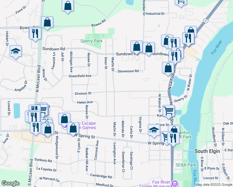 map of restaurants, bars, coffee shops, grocery stores, and more near 591 Martin Drive in South Elgin
