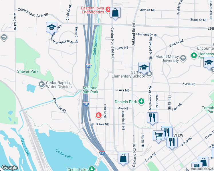 map of restaurants, bars, coffee shops, grocery stores, and more near 1106 12th Street Northeast in Cedar Rapids