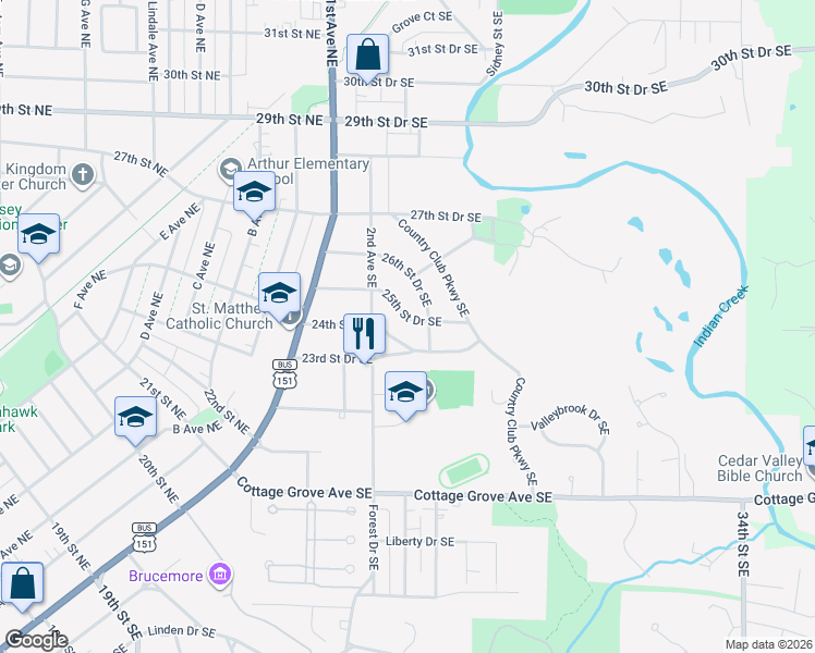 map of restaurants, bars, coffee shops, grocery stores, and more near 245 25th Street Drive Southeast in Cedar Rapids