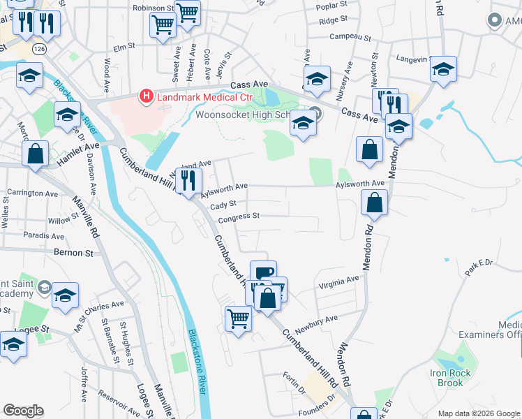 map of restaurants, bars, coffee shops, grocery stores, and more near 160 Congress Street in Woonsocket