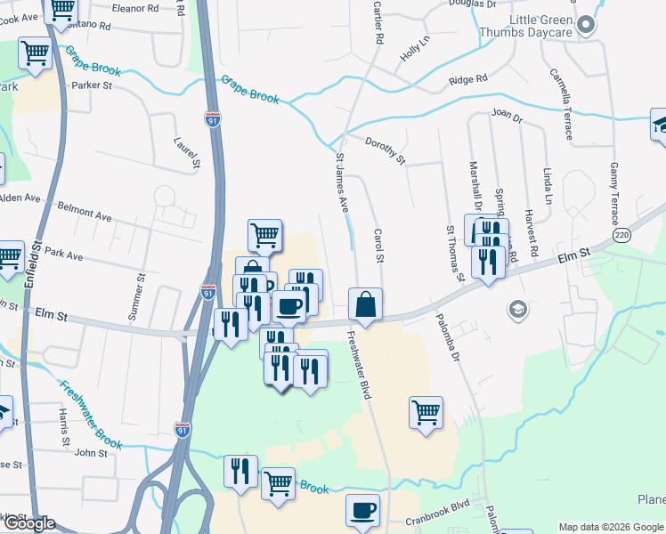 map of restaurants, bars, coffee shops, grocery stores, and more near 17 Saint James Avenue in Enfield