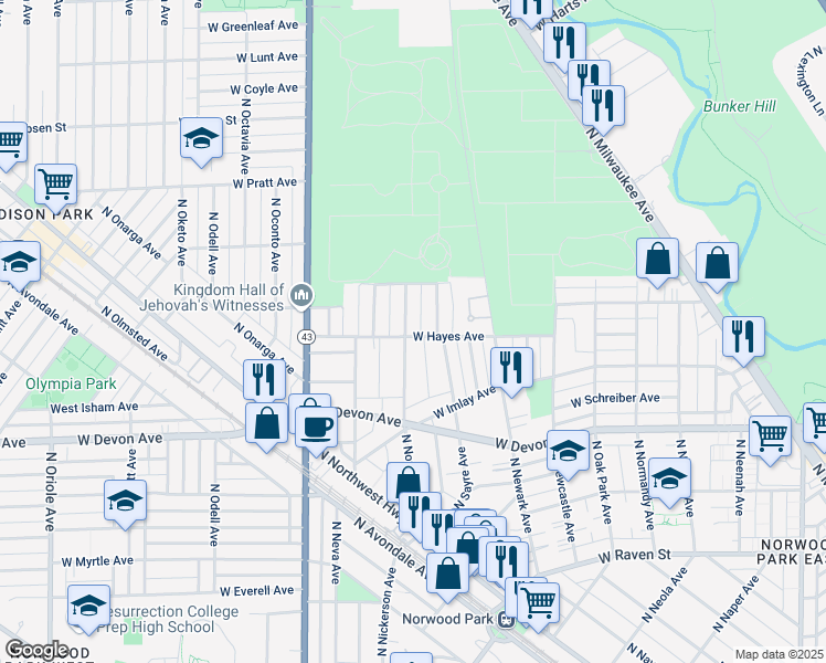 map of restaurants, bars, coffee shops, grocery stores, and more near 6501 North Nordica Avenue in Chicago