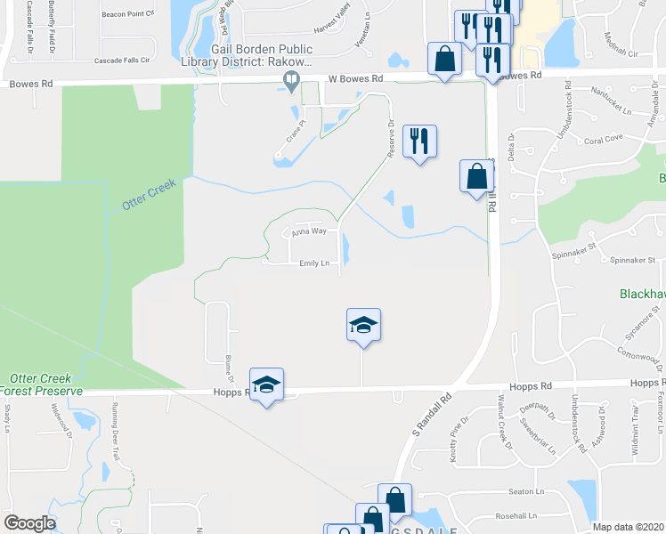 map of restaurants, bars, coffee shops, grocery stores, and more near 2401 Emily Lane in Elgin