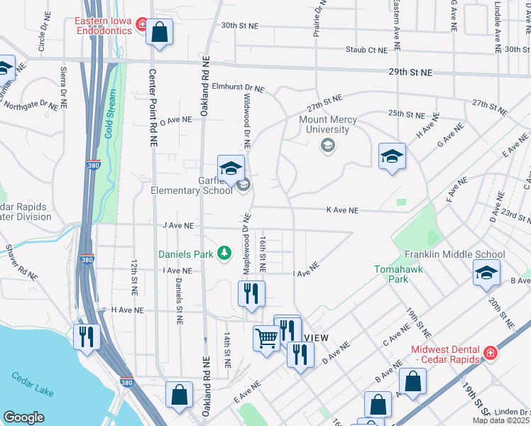 map of restaurants, bars, coffee shops, grocery stores, and more near 1601 K Avenue Northeast in Cedar Rapids