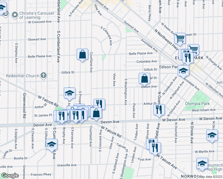 map of restaurants, bars, coffee shops, grocery stores, and more near 900 Vine Avenue in Park Ridge