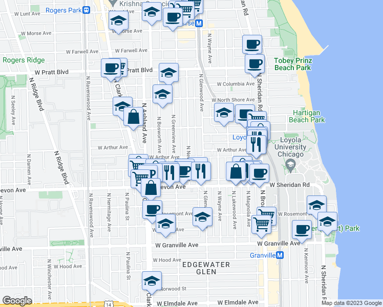 map of restaurants, bars, coffee shops, grocery stores, and more near 6505 North Newgard Avenue in Chicago