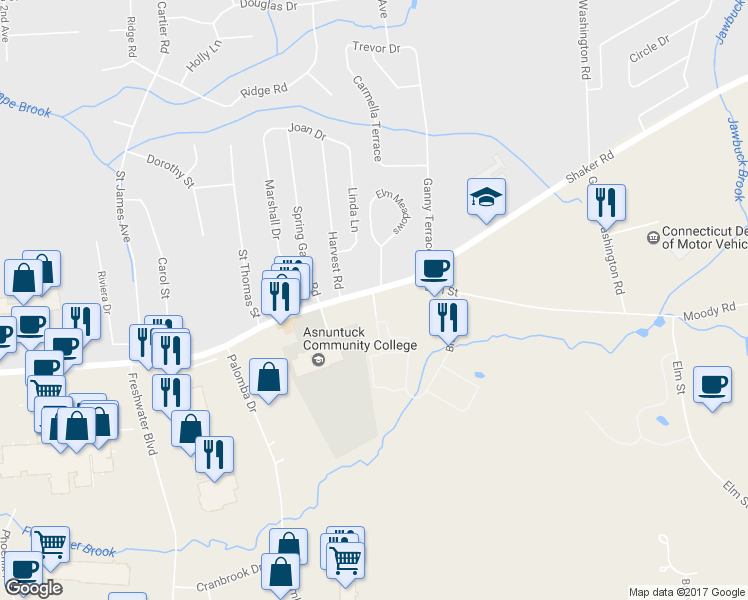 map of restaurants, bars, coffee shops, grocery stores, and more near 182 Elm Street in Enfield