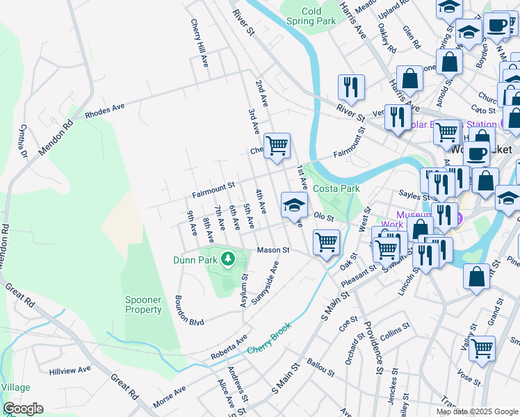 map of restaurants, bars, coffee shops, grocery stores, and more near 142 4th Avenue in Woonsocket