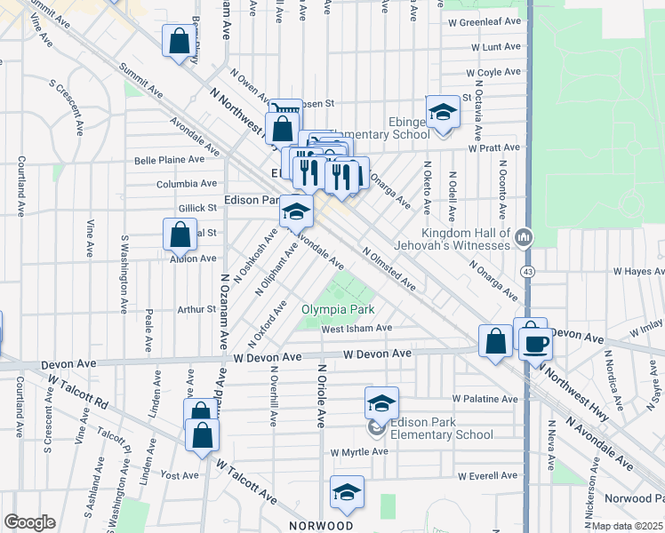 map of restaurants, bars, coffee shops, grocery stores, and more near 6556 North Olympia Avenue in Chicago