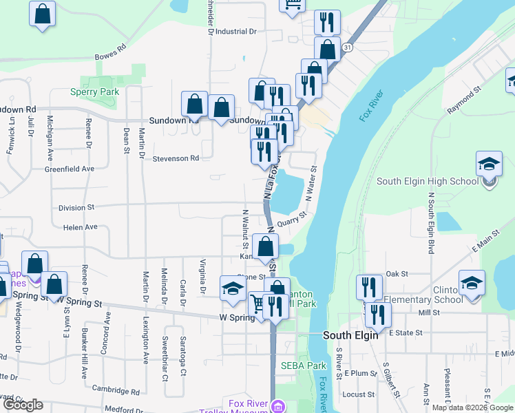 map of restaurants, bars, coffee shops, grocery stores, and more near 620 North La Fox Street in South Elgin