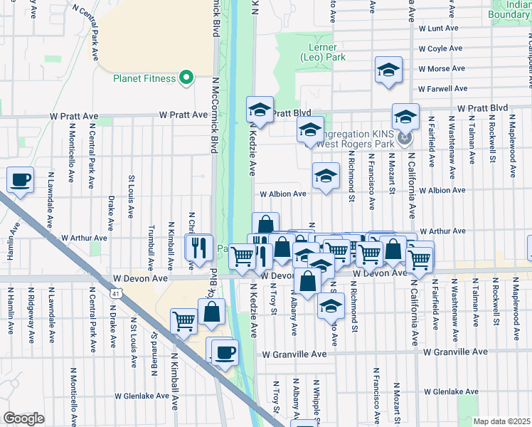 map of restaurants, bars, coffee shops, grocery stores, and more near 6523 North Troy Street in Chicago
