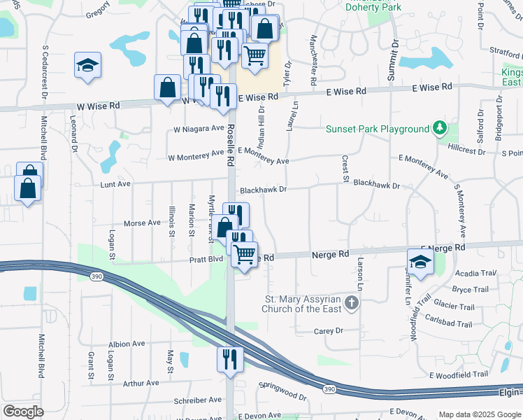 map of restaurants, bars, coffee shops, grocery stores, and more near 1420 Indian Hill Drive in Schaumburg