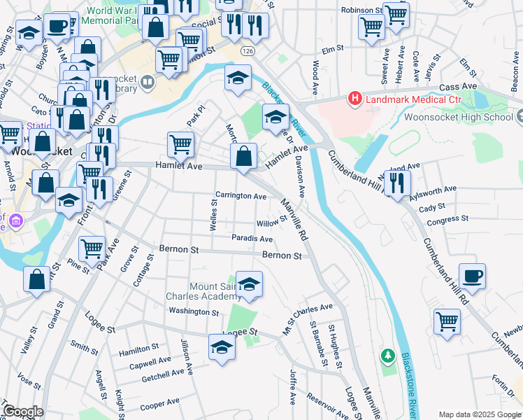 map of restaurants, bars, coffee shops, grocery stores, and more near 61 Roberts Street in Woonsocket