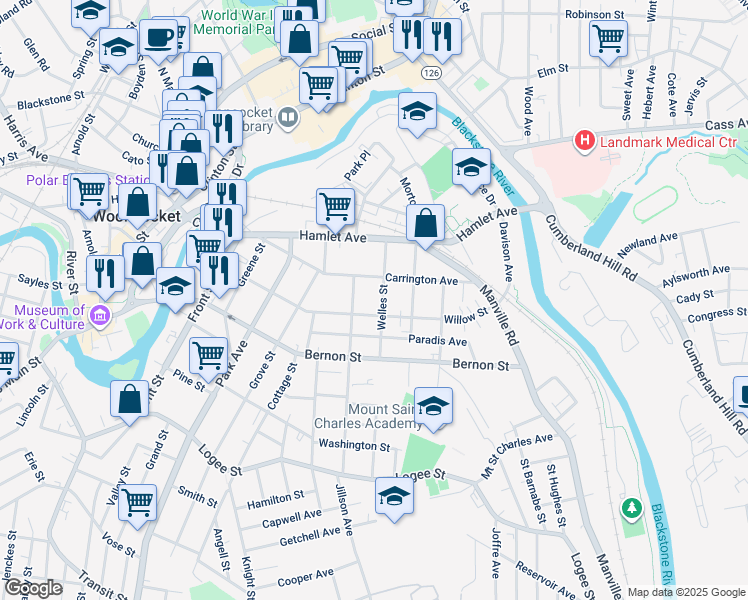 map of restaurants, bars, coffee shops, grocery stores, and more near 302 Willow Street in Woonsocket