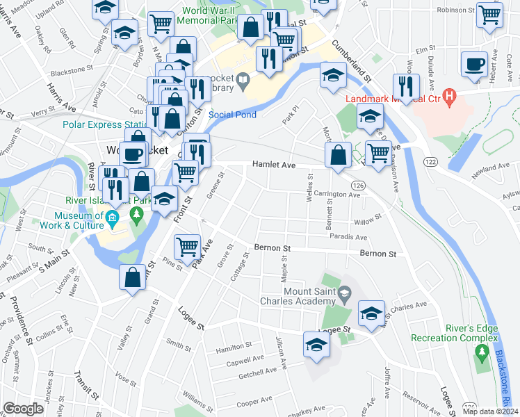 map of restaurants, bars, coffee shops, grocery stores, and more near 218 Willow Street in Woonsocket