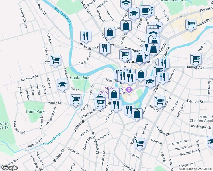 map of restaurants, bars, coffee shops, grocery stores, and more near 52 Jeffers Street in Woonsocket