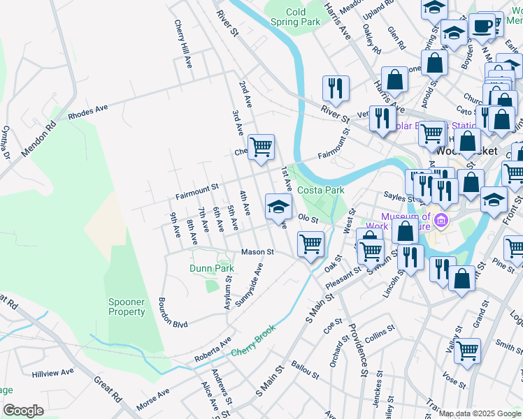 map of restaurants, bars, coffee shops, grocery stores, and more near 126 3rd Avenue in Woonsocket
