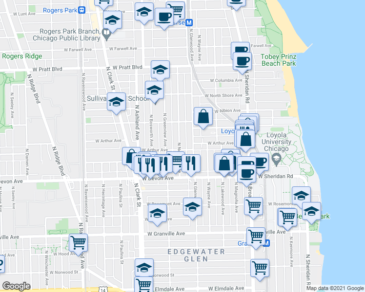 map of restaurants, bars, coffee shops, grocery stores, and more near 6504 North Glenwood Avenue in Chicago