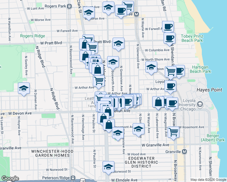map of restaurants, bars, coffee shops, grocery stores, and more near 6501 North Bosworth Avenue in Chicago