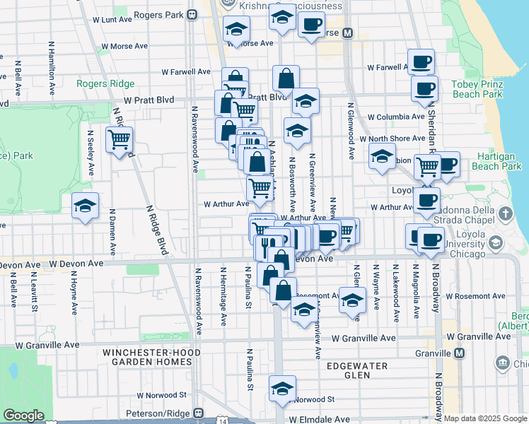 map of restaurants, bars, coffee shops, grocery stores, and more near 6501 North Clark Street in Chicago