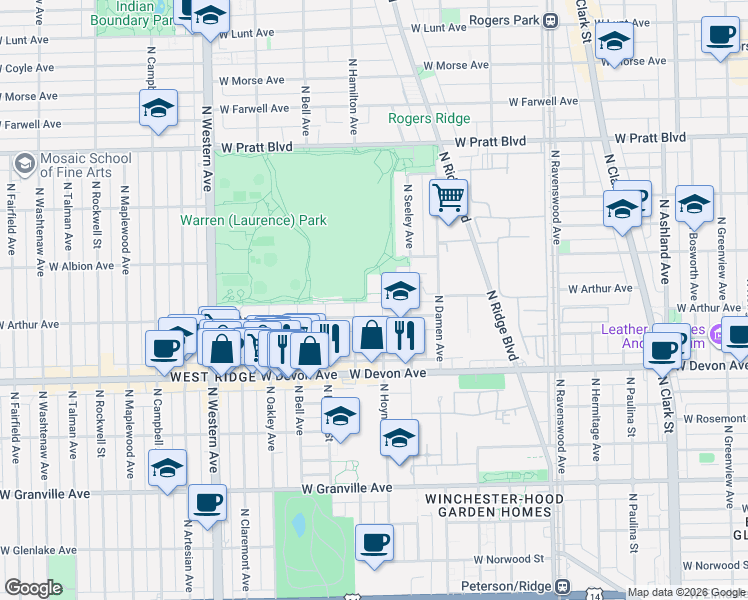map of restaurants, bars, coffee shops, grocery stores, and more near 6505 North Hoyne Avenue in Chicago
