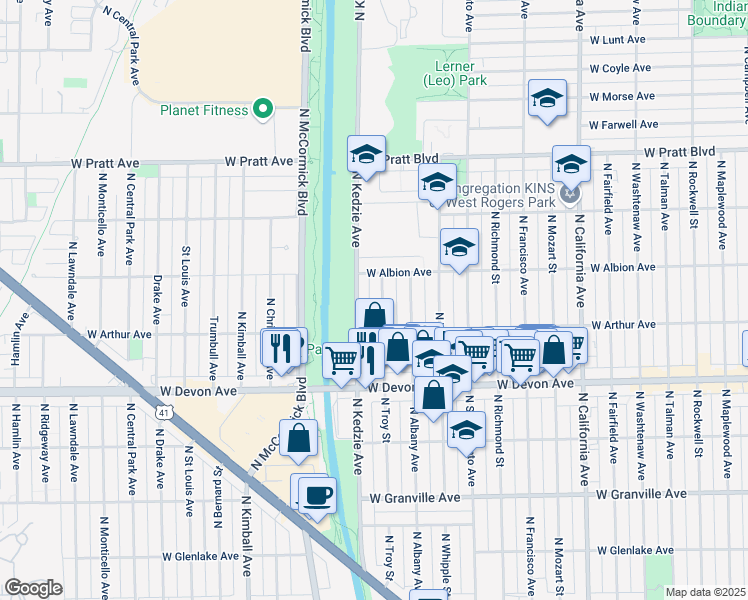 map of restaurants, bars, coffee shops, grocery stores, and more near 6523 North Troy Street in Chicago
