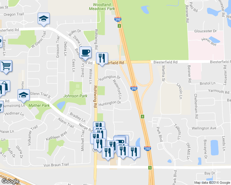 map of restaurants, bars, coffee shops, grocery stores, and more near 906 Waterford Lane in Elk Grove Village