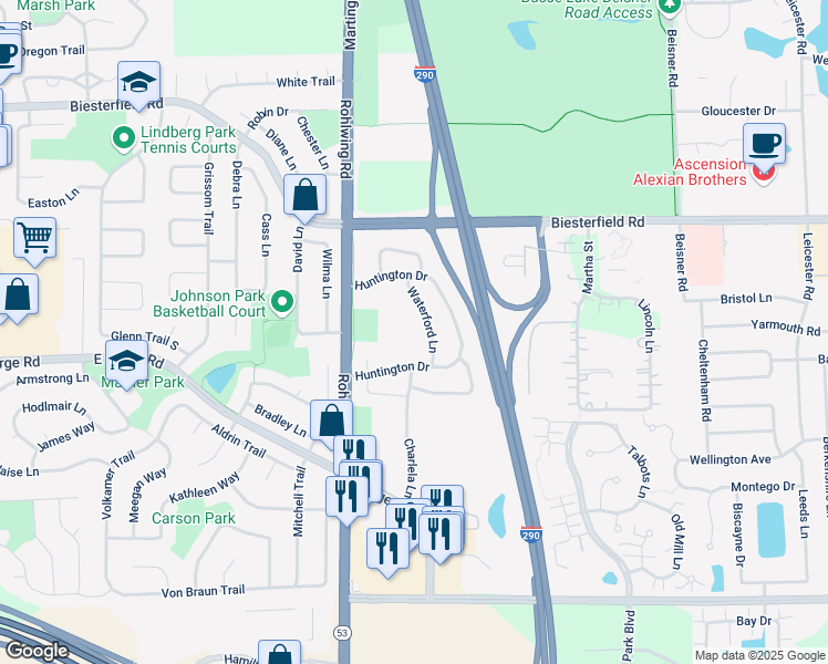 map of restaurants, bars, coffee shops, grocery stores, and more near 1018 Huntington Drive in Elk Grove Village