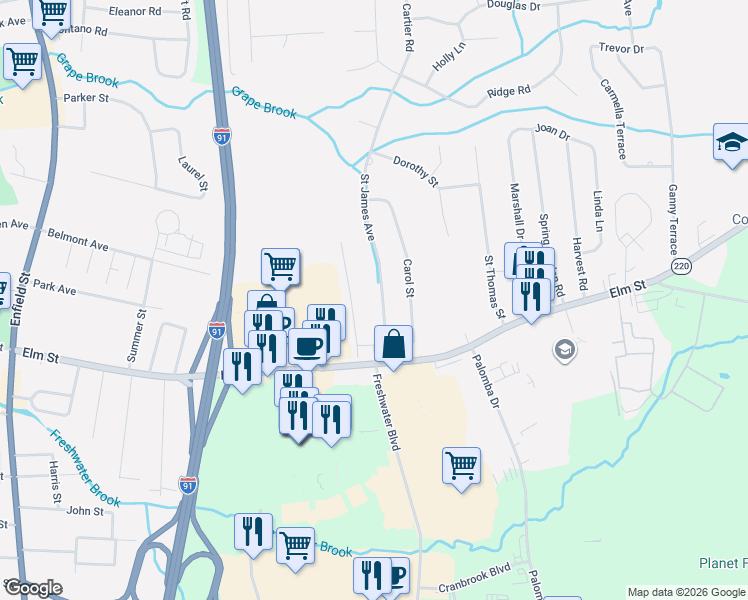 map of restaurants, bars, coffee shops, grocery stores, and more near 17 Saint James Avenue in Enfield