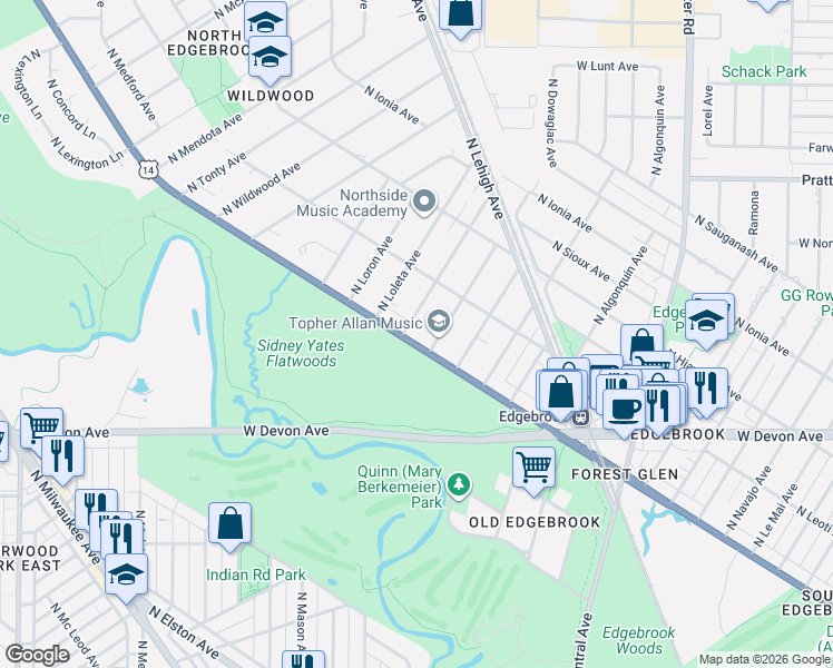map of restaurants, bars, coffee shops, grocery stores, and more near 6555 U.S. 14 in Chicago