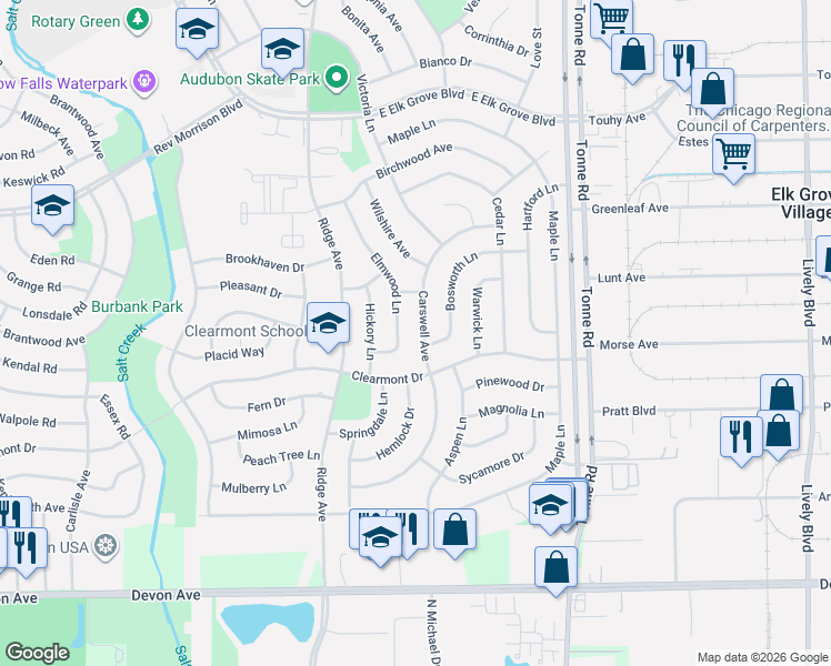 map of restaurants, bars, coffee shops, grocery stores, and more near 1146 Carswell Avenue in Elk Grove Village