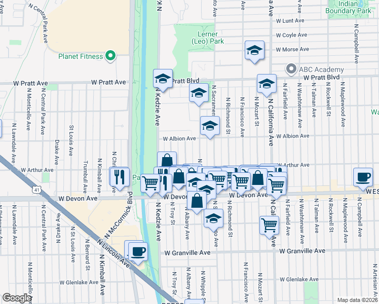 map of restaurants, bars, coffee shops, grocery stores, and more near 6531 North Albany Avenue in Chicago