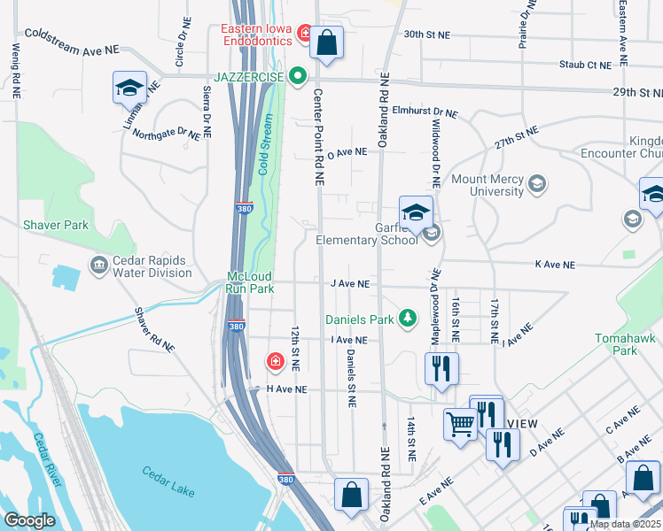map of restaurants, bars, coffee shops, grocery stores, and more near 1116 Center Point Road Northeast in Cedar Rapids