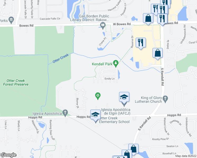 map of restaurants, bars, coffee shops, grocery stores, and more near 2504 Emily Lane in Elgin