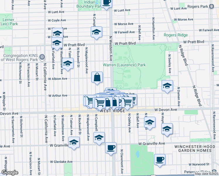 map of restaurants, bars, coffee shops, grocery stores, and more near 6509 North Western Avenue in Chicago