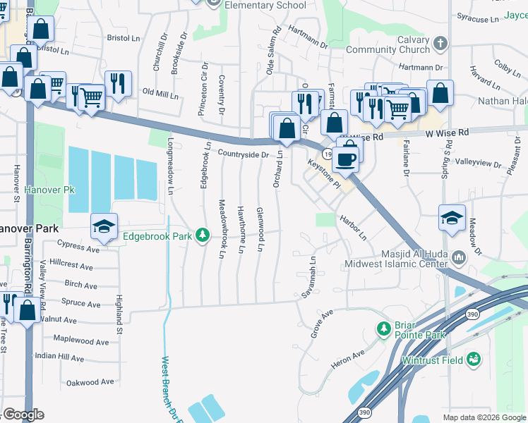 map of restaurants, bars, coffee shops, grocery stores, and more near 7020 Glenwood Lane in Hanover Park
