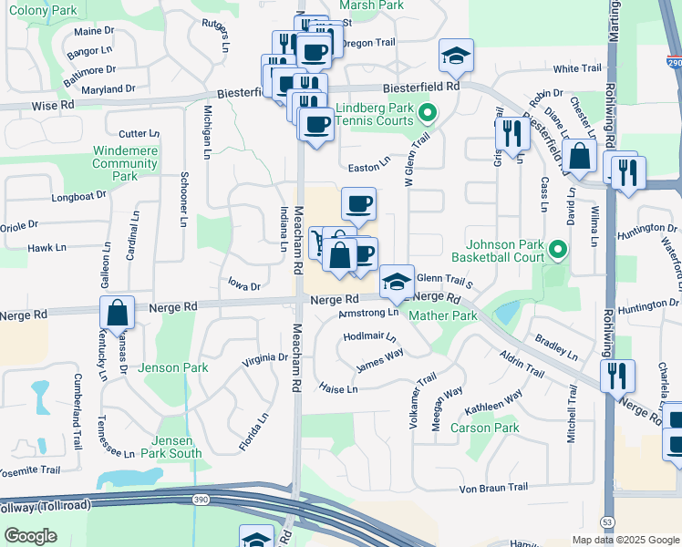 map of restaurants, bars, coffee shops, grocery stores, and more near 901 South Meacham Road in Elk Grove Village
