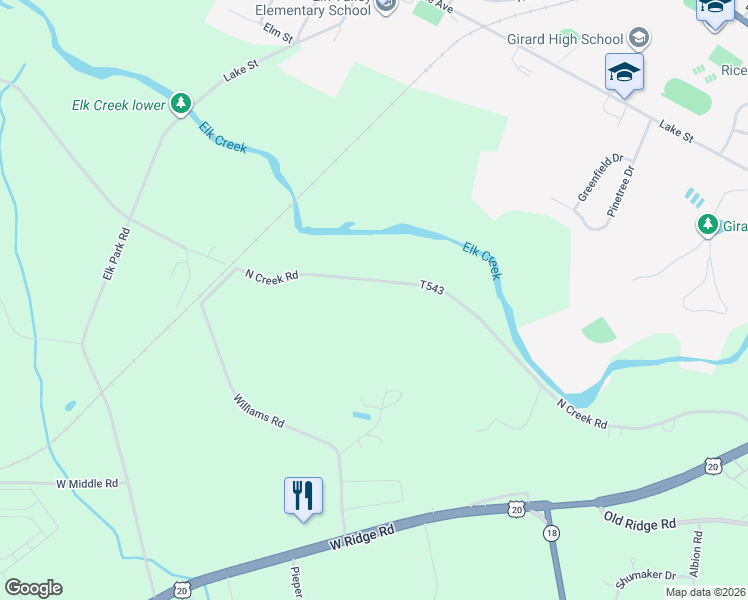 map of restaurants, bars, coffee shops, grocery stores, and more near 3620 N Creek Rd in Girard