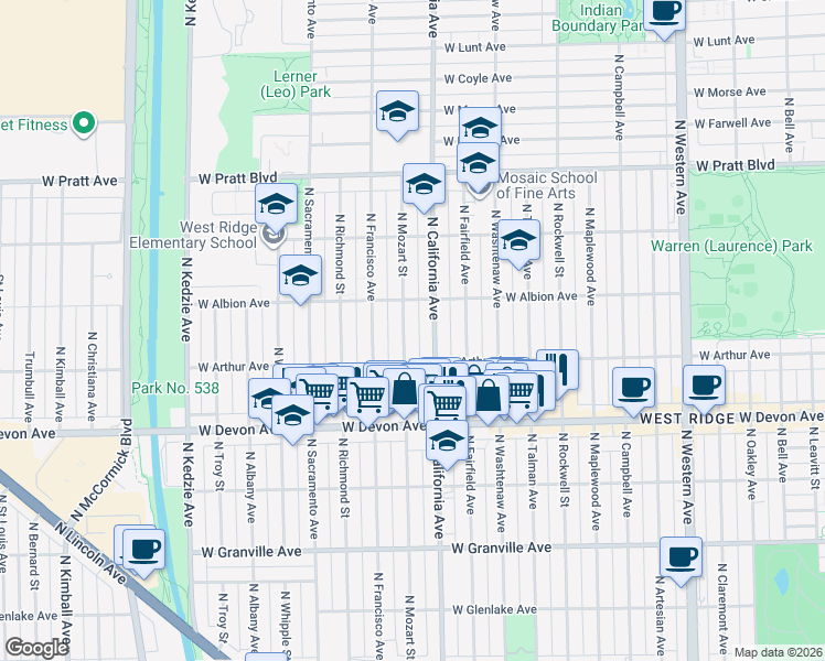 map of restaurants, bars, coffee shops, grocery stores, and more near 6519 North Mozart Street in Chicago